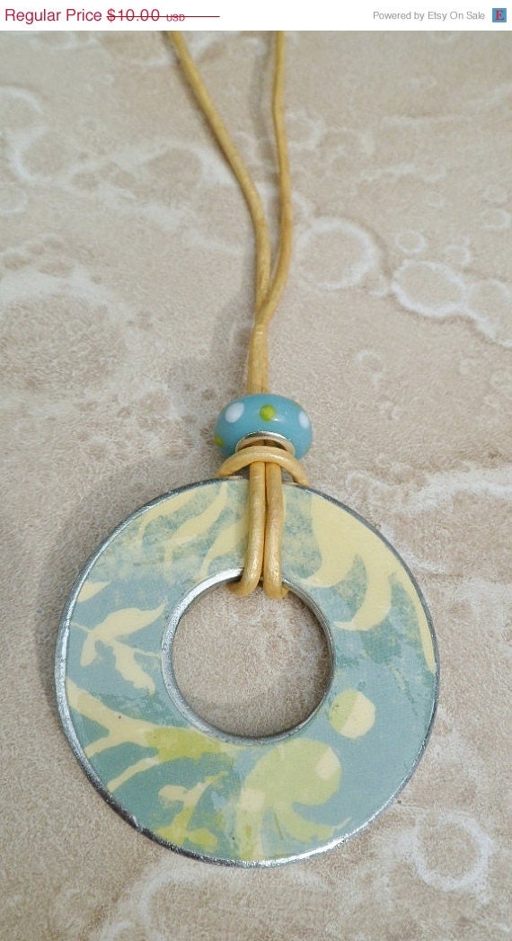 WEEKEND SALE 15% OFF Decoupaged Washer Necklace - Aqua, yellow and lime with cream metallic leather cord