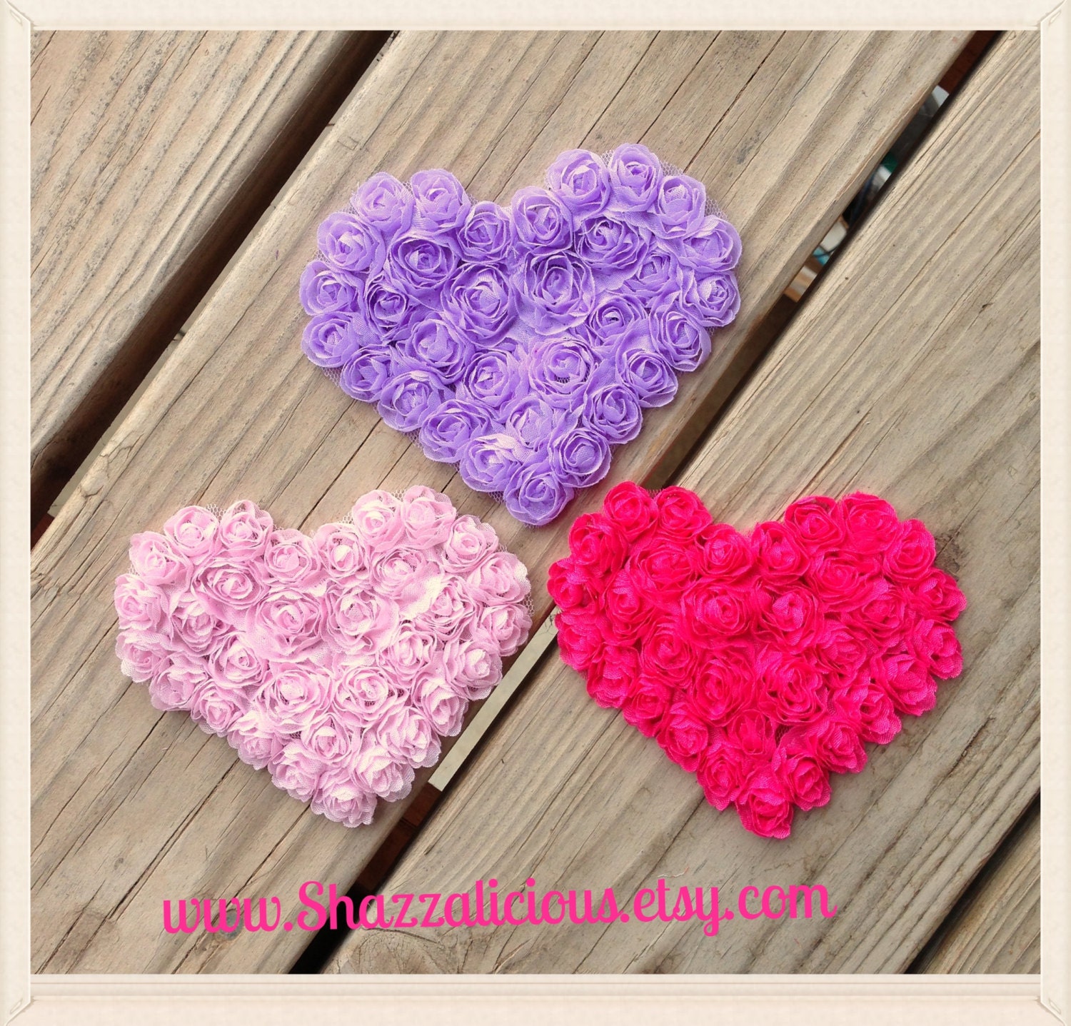 3 NEW STYLE Large Shabby Chiffon Hearts choose colors 4.5 inches Sewing Embellishment shirts, aprons, dresses Hot light pink lavender purple