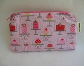 Small Zippered Wallet in Pink Sweetcakes Main Cakes and Cupcakes Fabric with Pink Striped Lining
