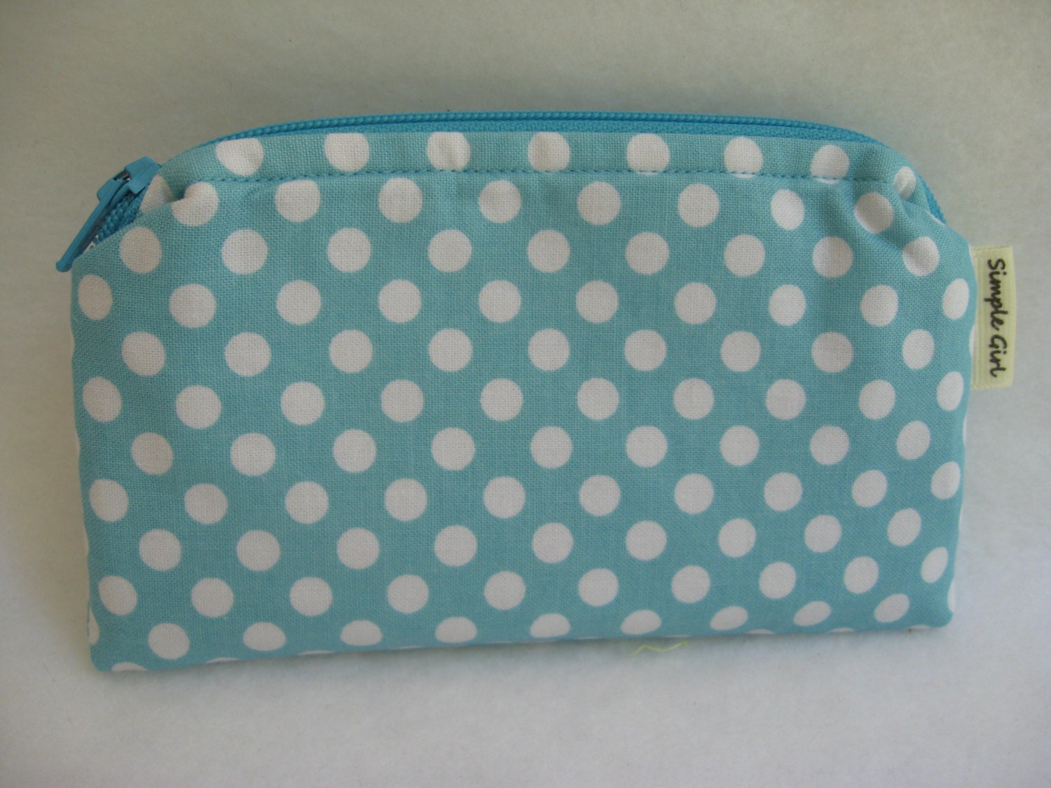Small Zippered Wallet in Turquoise Polka Dot Fabric with Blue and Green Dot Lining
