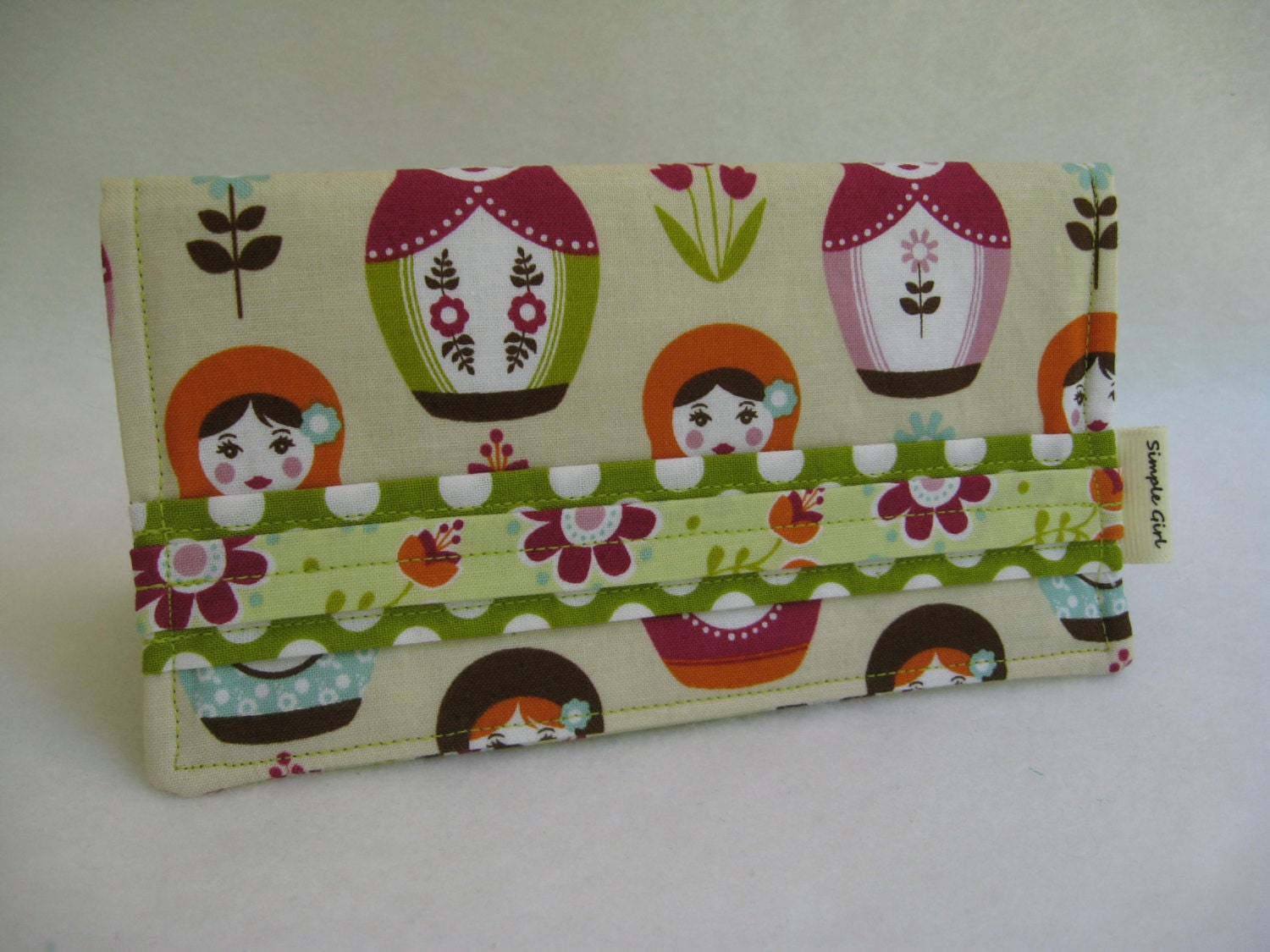 Checkbook Cover in Little Matryoshka Dolls Fabric with Matching Flower Print Pockets