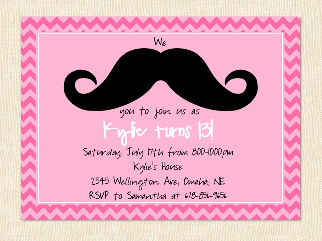 Teen Girl Invitation Birthday Mustache Pink Moustache Printable
