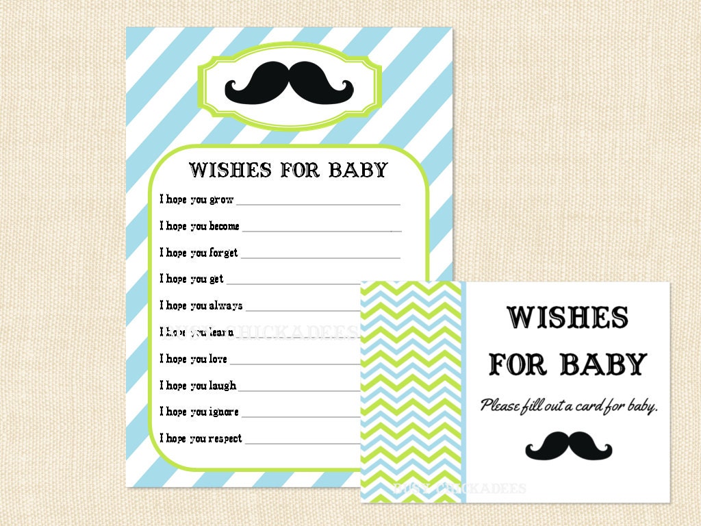 Mustache Wishes for Baby Shower advice boy Printable blue green -Instant Download