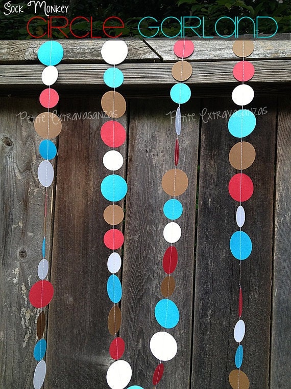 Sock Monkey Paper Circle Garland- Red, White, Turquoise Blue, Brown Il_170x135