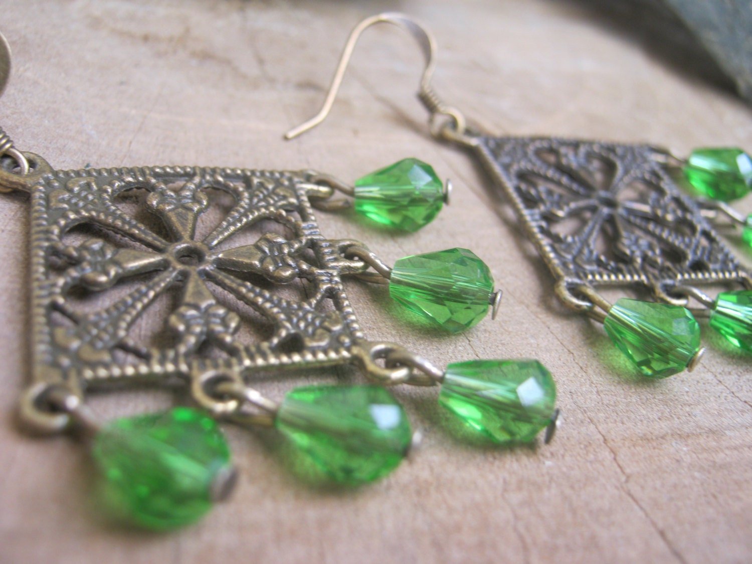 Green Filigree Flower Chandelier Earrings, Vintage Bronze and Faceted Briolette Teardrops