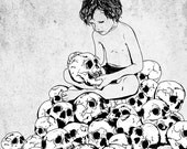 Original digital print boy holding skull bone black white gray creepy horror blood goth gothic art poster