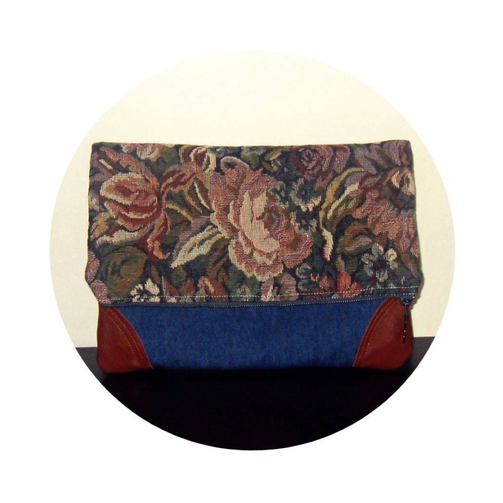 Leather Foldover Clutch Two Sided Tapestry Bag Vintage Floral Lace Bag Upcycled Unique