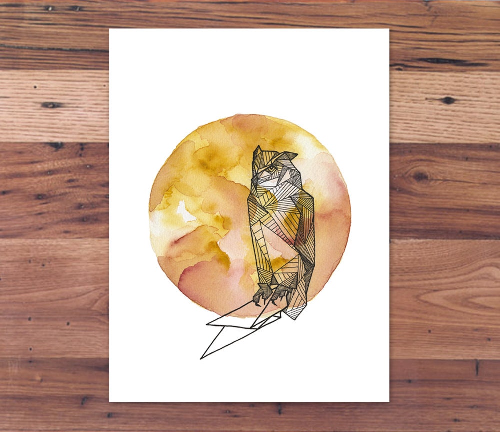 Full Moon Intricate Geometric Owl - Spirit Animal Print from Handmade Ink & Watercolor Painting