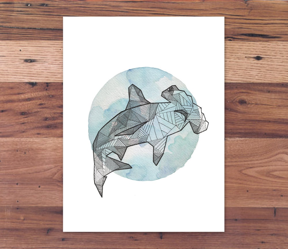 Full Moon Intricate Geometric Hammerhead Shark - Spirit Animal Print from Handmade Ink & Watercolor Painting