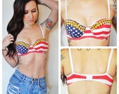 Studded Bustier Bra Top American Flag Print  - Silver- Gold - or- Black Studs