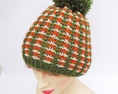 Handknitted Hat, Pom Pom Hat, Dark Green, Orange, Beige, Unisex hat, Accessories, UK seller