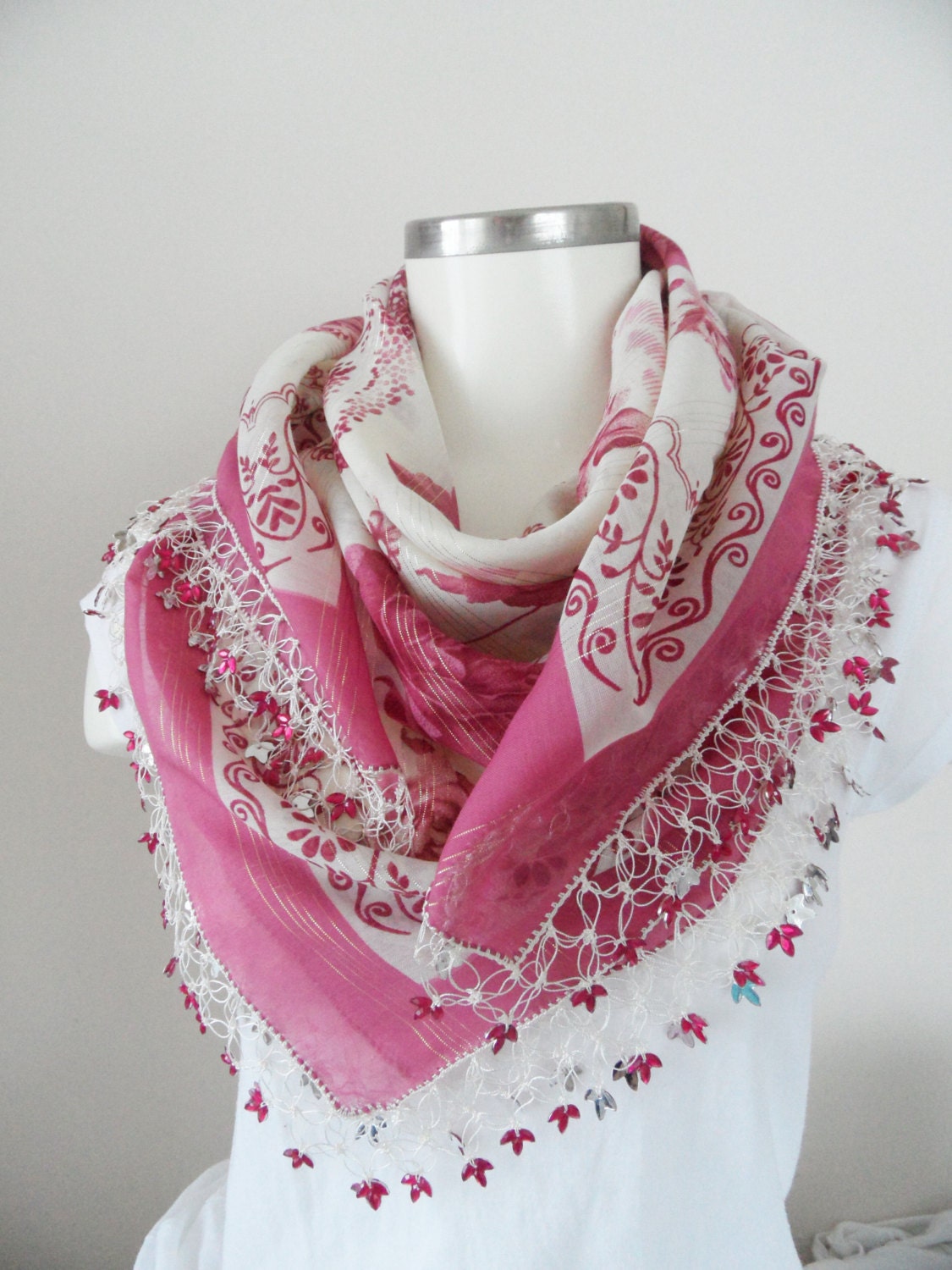 pink scarf, Multicolor, authentic, romantic, Turkish Yemeni OYA Scarf, scarf, elegant, fashion, Floral