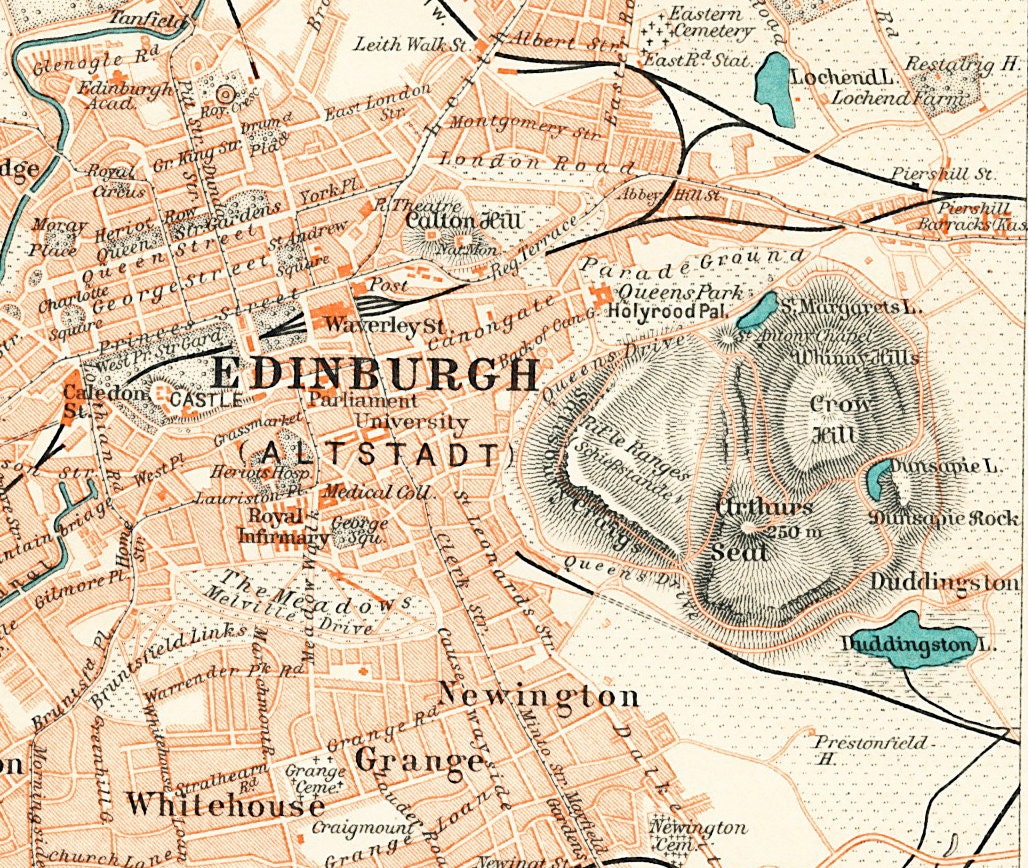 Edinburgh city map,19th century map: Antique 1890s lithograph