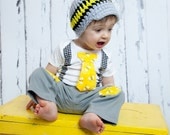 Special, GET THE SET Bumblebee Baby Boy Tie Onesie with Suspenders, Crocheted Hat, and Pants - Baby Shower Gift, Photo Prop