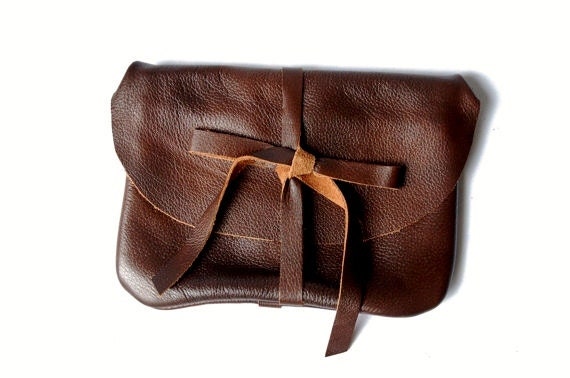 Brown leather tie up clutch, pouch