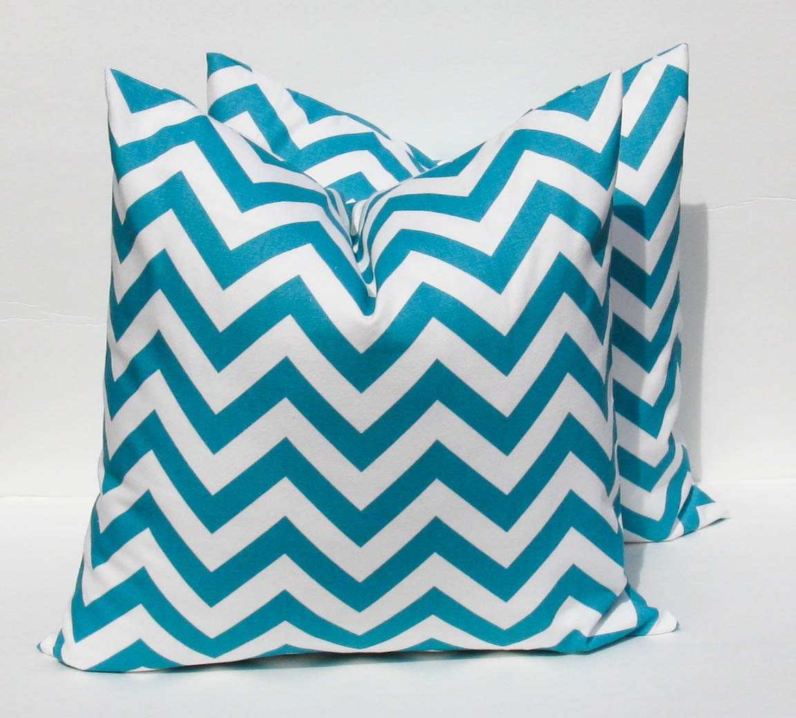 20 x 20 pillow covers. Turquoise and White. Decorative Throw Pillows. Chevron Pillow Aqua Blue Pillow printed fabric on front and back