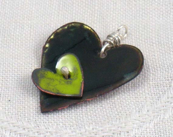 Copper heart pendant, enameled, dark green with apple green accent, pink back