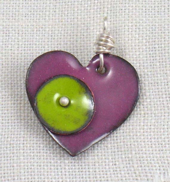 Copper heart pendant, enameled, purple with green accent, red back
