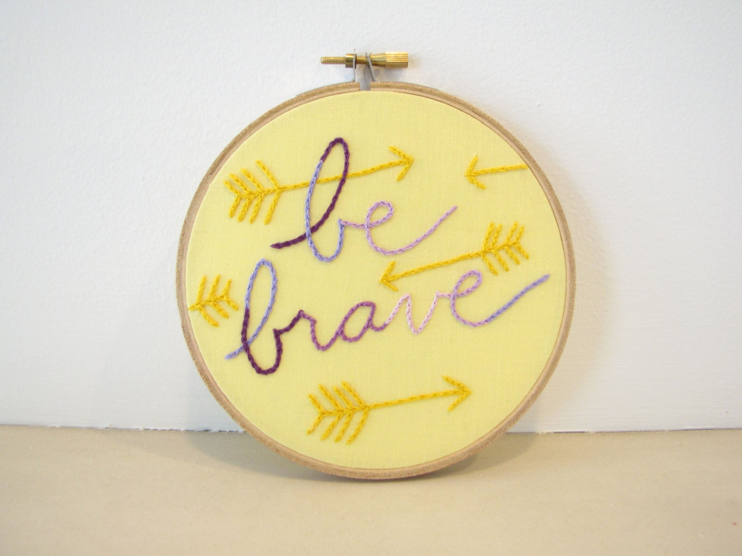 Embroidery Hoop Wall Art Room Decor - Be Brave in lemon yellow lavender violet ombre with golden geometric arrows