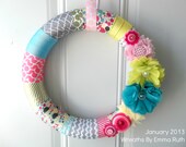 SALE Spring Wrapped Ribbon Whimsical Modern Eclectic Girly Ribbon Wreath with lots of flowers and texture