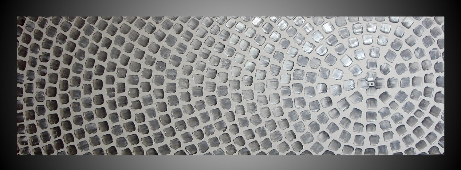72 x 24 Oversized Large Painting Abstract Modern Art Wall deco Textured 3D White Metallic Silver Squares Ready to Hang FREE SHIPPING