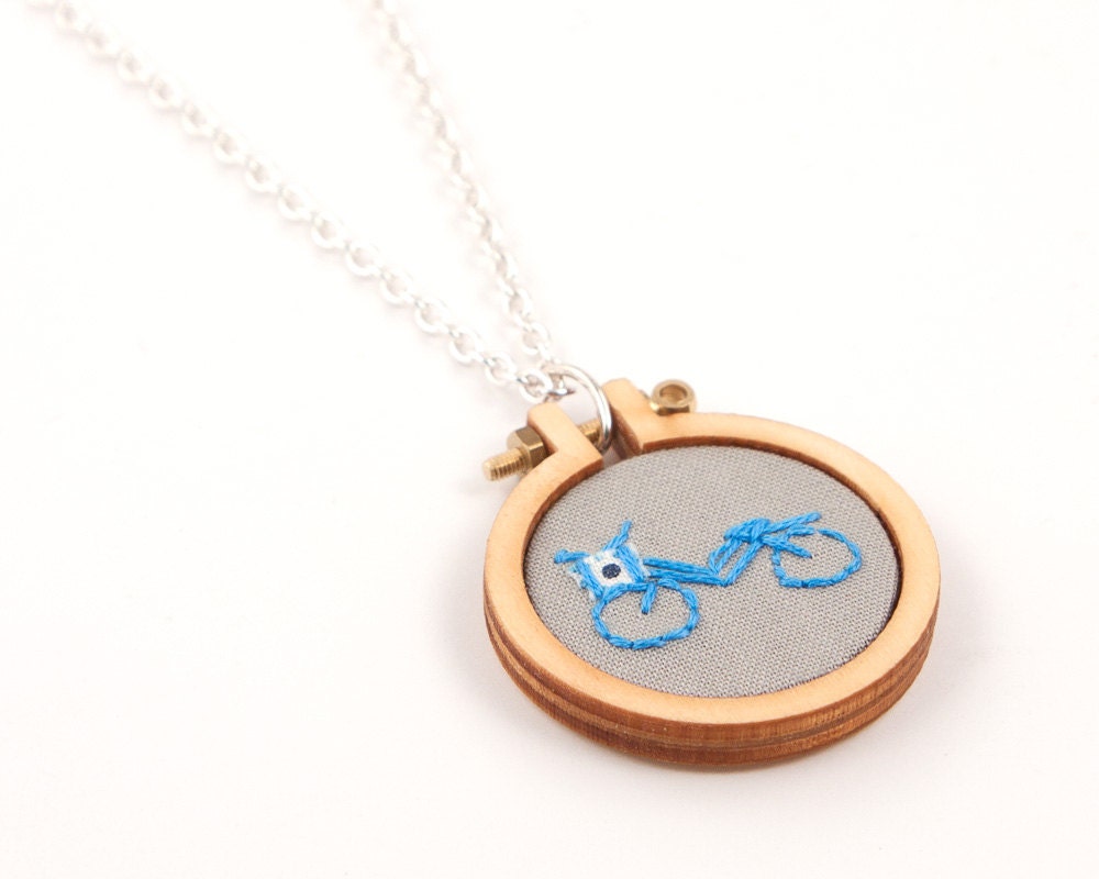 Embroidered bicycle necklace - grey and blue - mini embroidery hoop - made with love by dandelyne