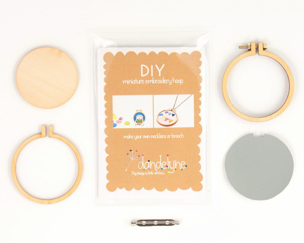 DIY kit - miniature embroidery hoop with brooch back - 5.5cm/2.2" hoop - make a brooch - unique Dandelyne miniature hoop