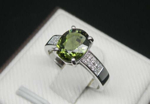 Engagement Ring -  1.3 Carat Green Tourmaline Ring With Diamonds In 14K White Gold