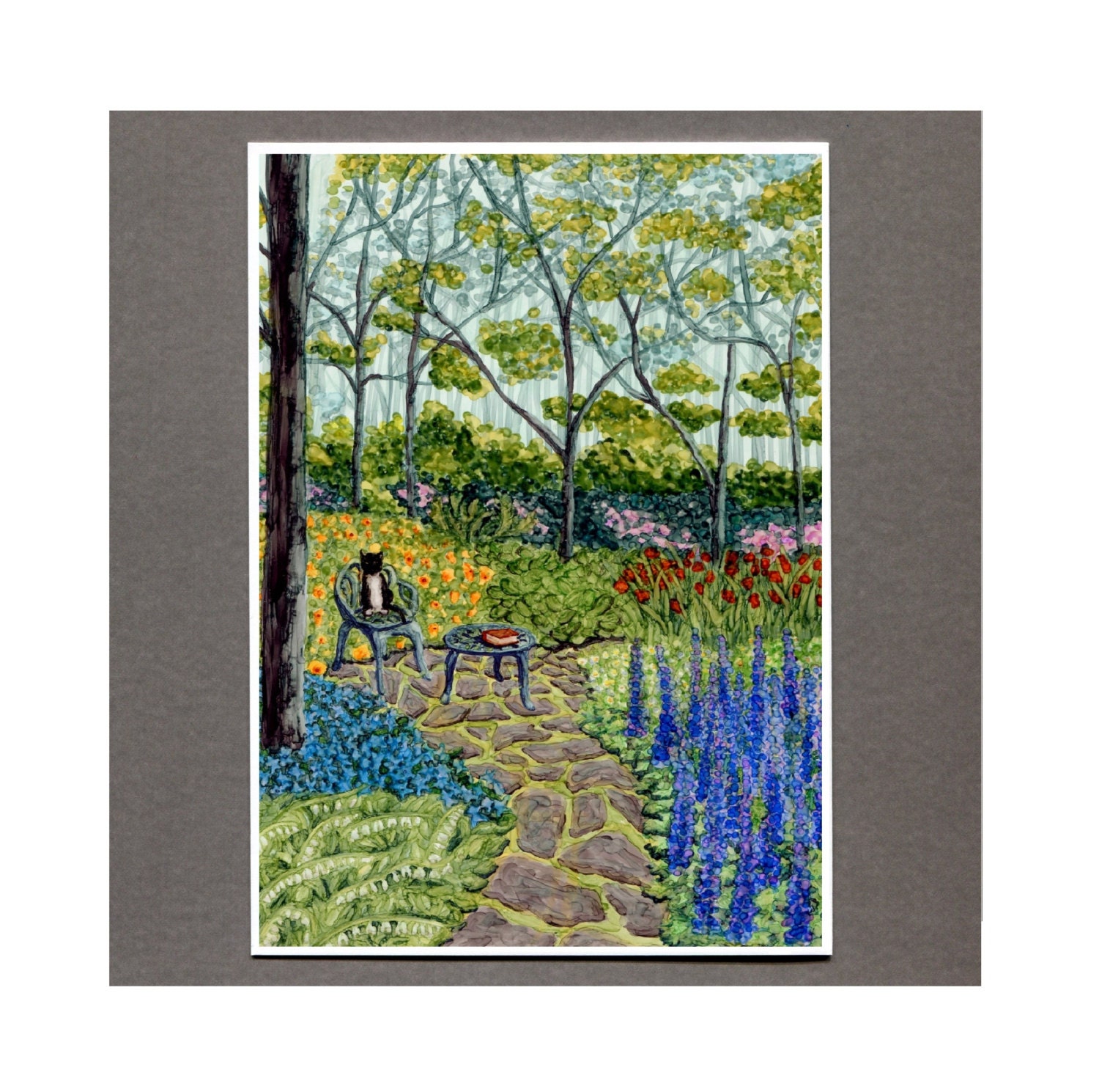 Secret Garden Greeting Card, Flowers and cat in Grove of Trees, 5x7 Art Print