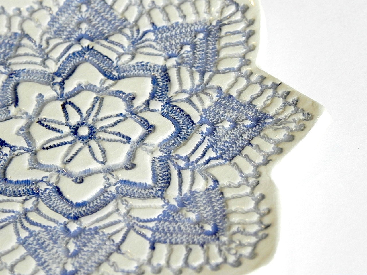 Lace Ceramic Plate Ombre Blue Pottery Flower Dish Ring Holder