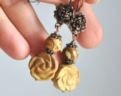 Earrings jasper, copper, carved jasper,rose, flowers earrings