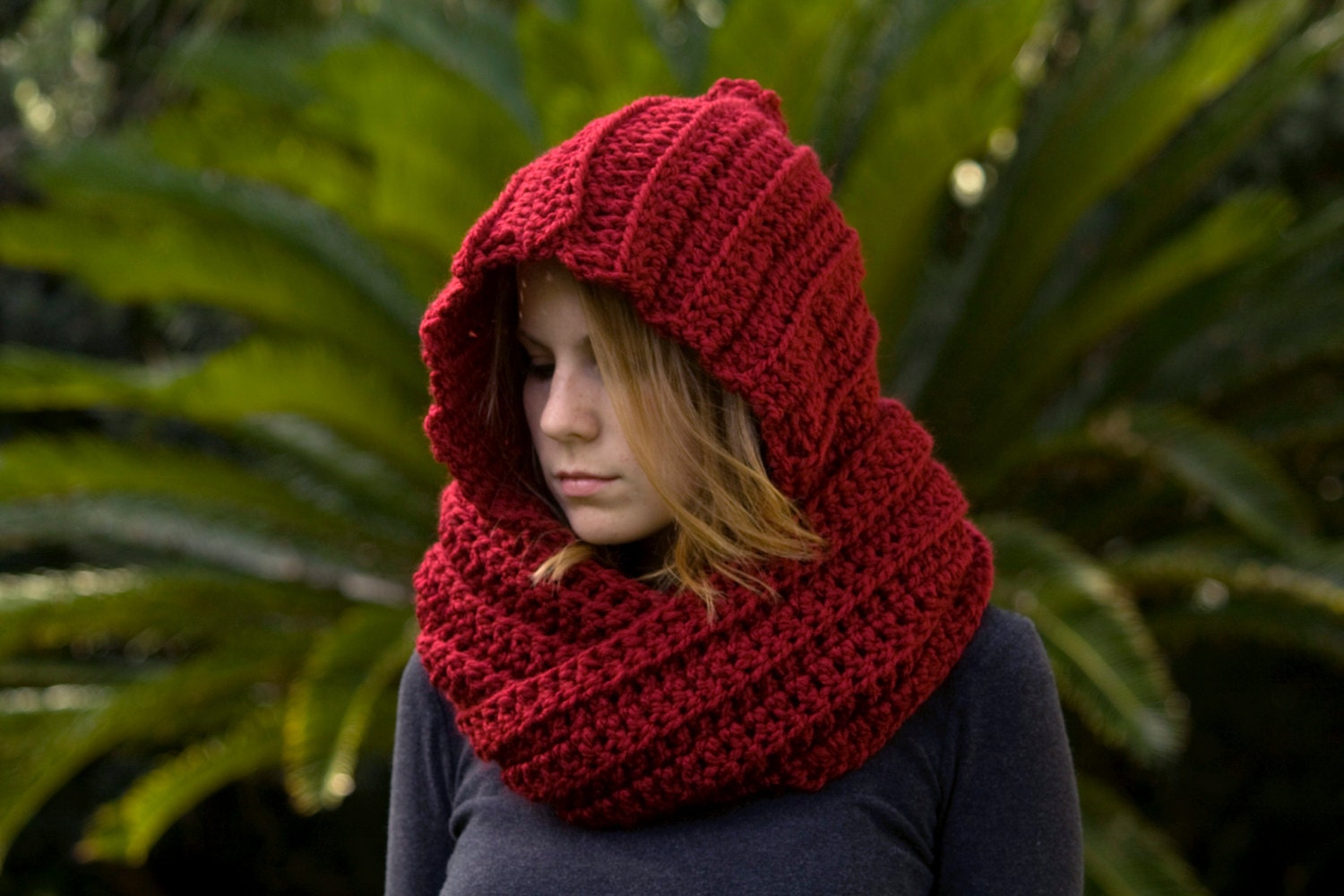 Hooded Scarf, Maroon Scoodie, Red Crochet Hood, Dark Red Scarf