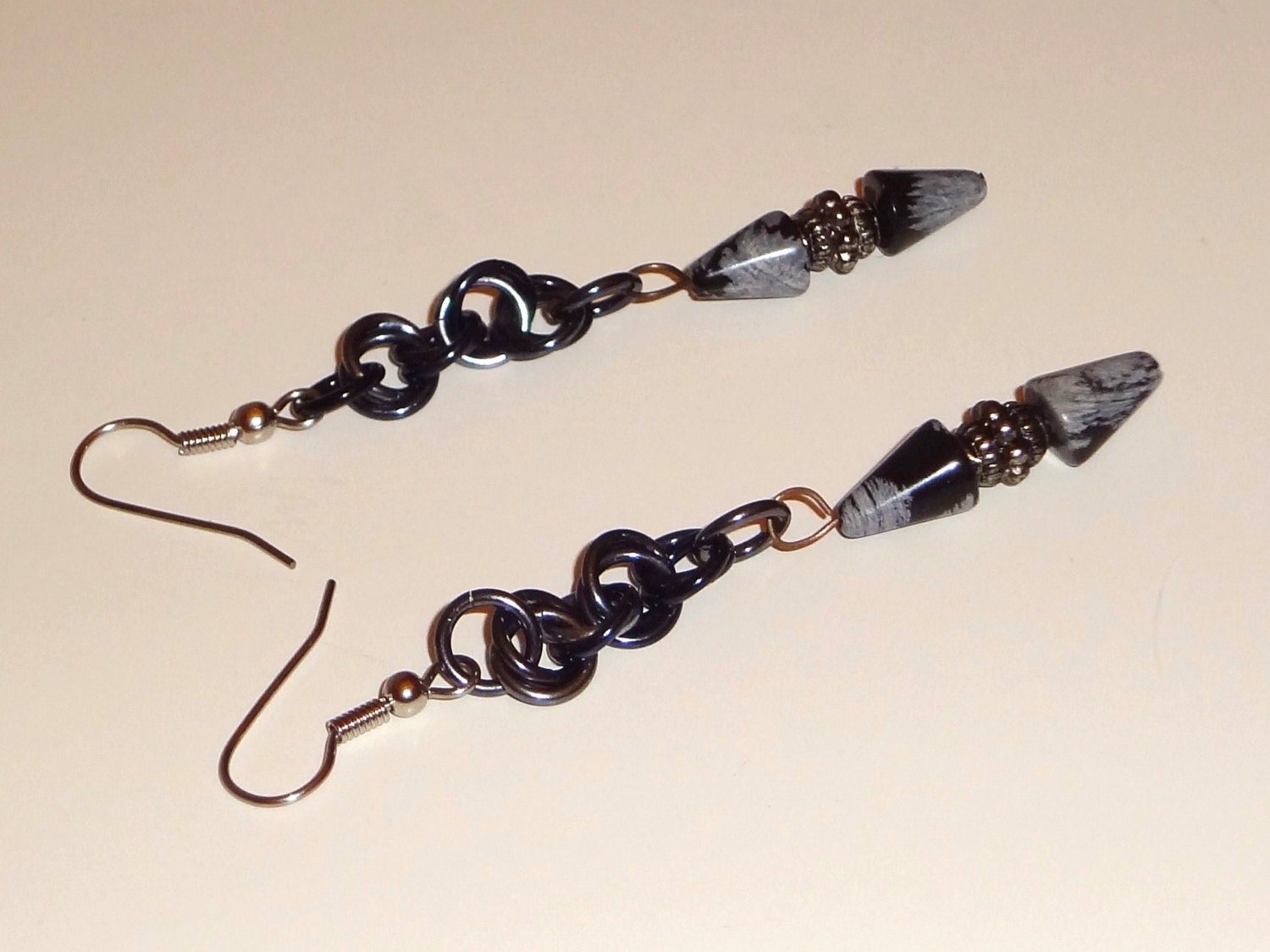 Snowflake Obsidian Bead Dangle Chainmaille Earrings