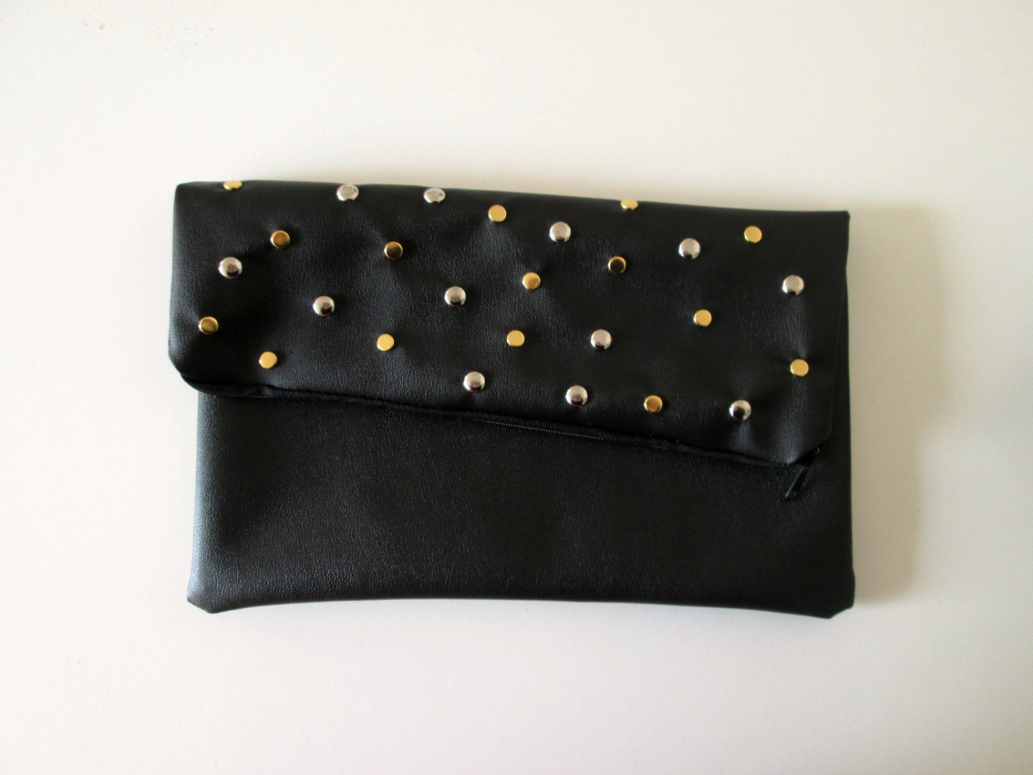 Black Studded Foldover clutch Vegan leather