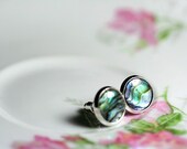 Shades Of Green Paua Shell Studs Silver Plated Sparkly Irridescent Studs Green Lime Cabochon