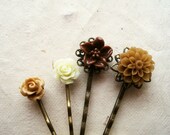 Flower Hair Accessories. Golden Brown Flower Hair Pins. Honey and Cream Rose Mum Lily Resin Hair Pins Filigree Bobby Pins. Set of 4.