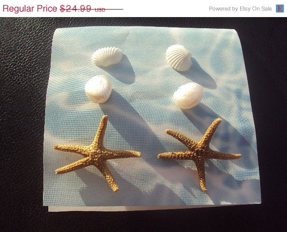 50% OFF SALE Beach Starfish, Freshwater Pearl, Sea Shell Stud Earrings by Amanda Lynne LUXE