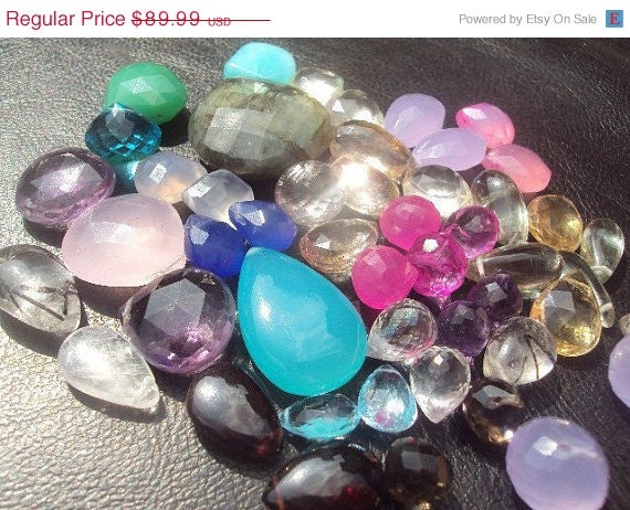 40% OFF SALE Super SURPRISE Sampler Gemstone Briolette Bead 50 Piece Set...Topaz, Quartz, Chalcedony, Opal, Chrysoprase, Onyx, Garnet, Amet