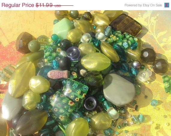 40% OFF SALE Jungle Forrest, Olive, Lime Green Bead Sampler Mix Plastic, Glass, Shell 50 Pieces 4-30mm