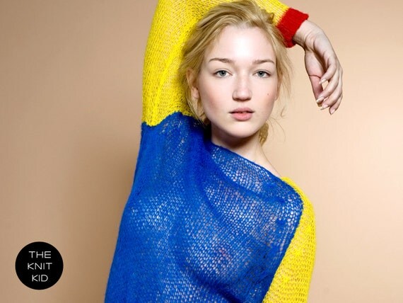 knit sweater bulky mohair blue red yellow theknitkid