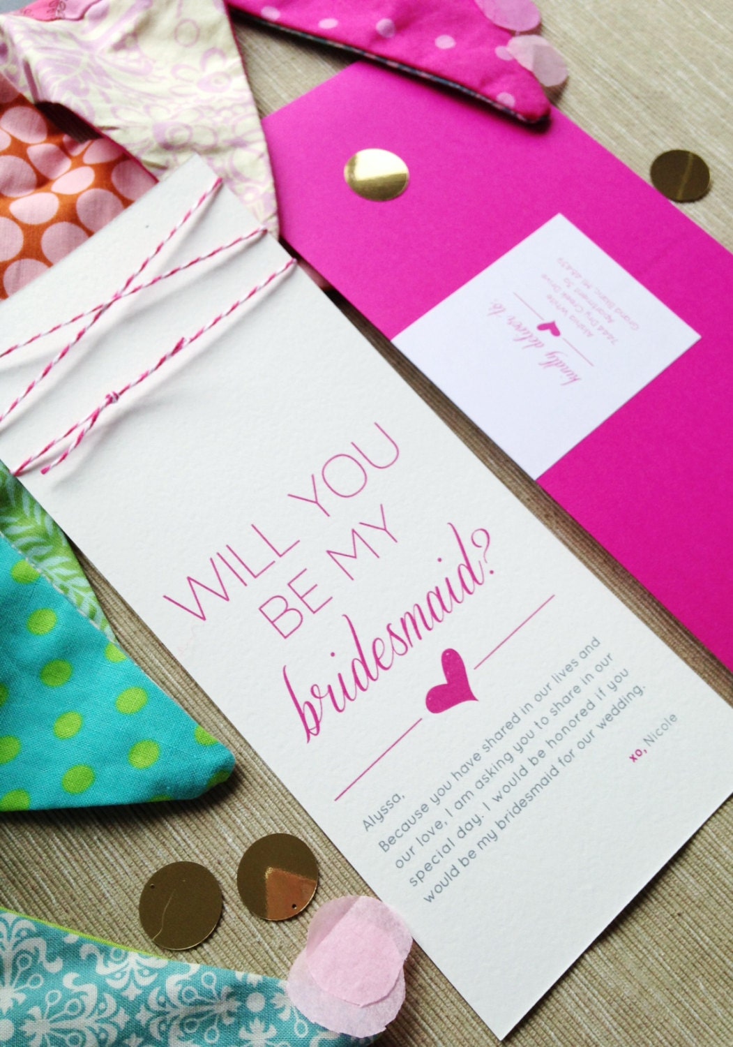 Hot Pink Twine "Will You Be My Bridesmaid" Card and Envelope