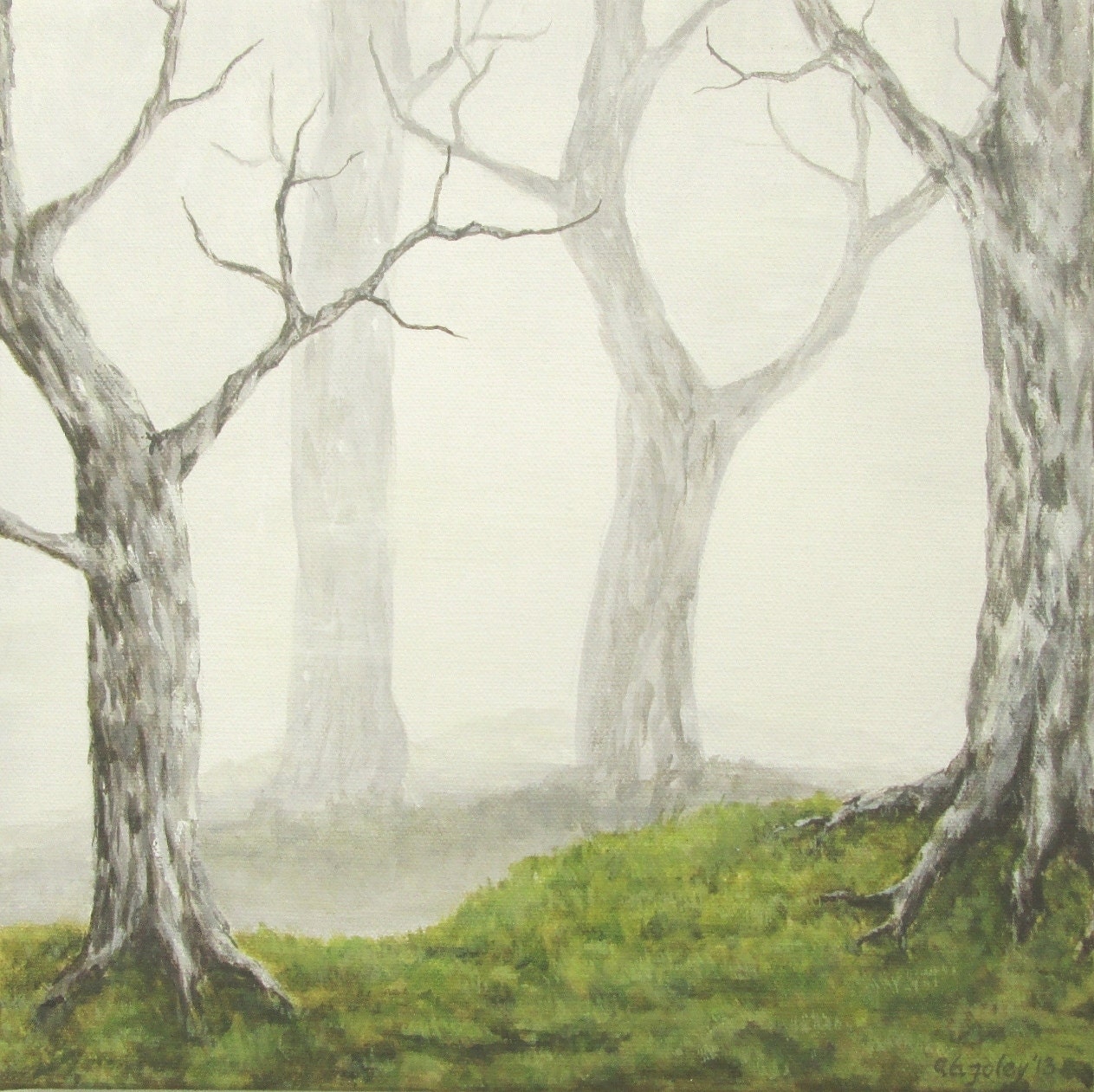 Misty Trees Landscape Painting, Foggy Landscape Painting, Original Fine Art, Nature Fine Art, Green, Grey, Gray Fog, Acrylic 10" X 10"