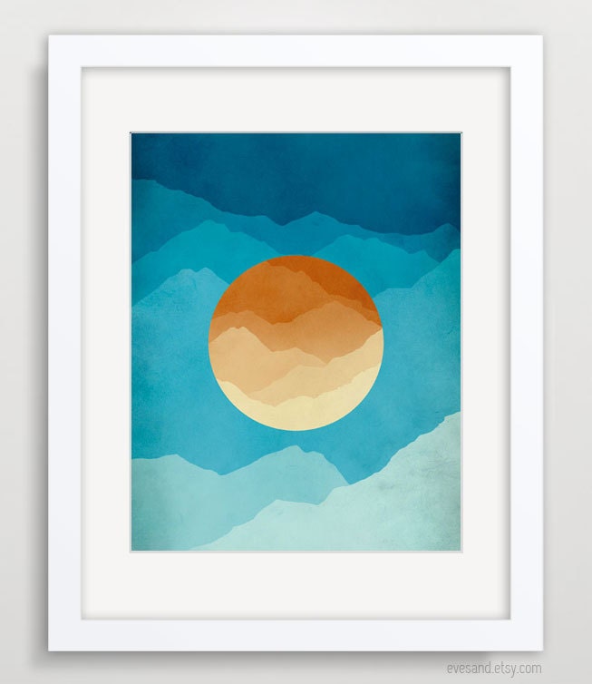 Orange and Blue Mid Century Modern Art, Abstract Landscape, Mountains, Minimalist Poster, Wall Decor