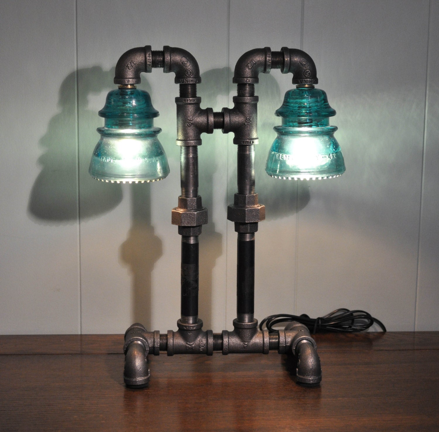 Twin Column Glass Insulator Dual Light Desk Lamp Retro-Industrial Styling