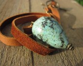 African Turquosie and Leather Teardrop Necklace- Tan leather cord