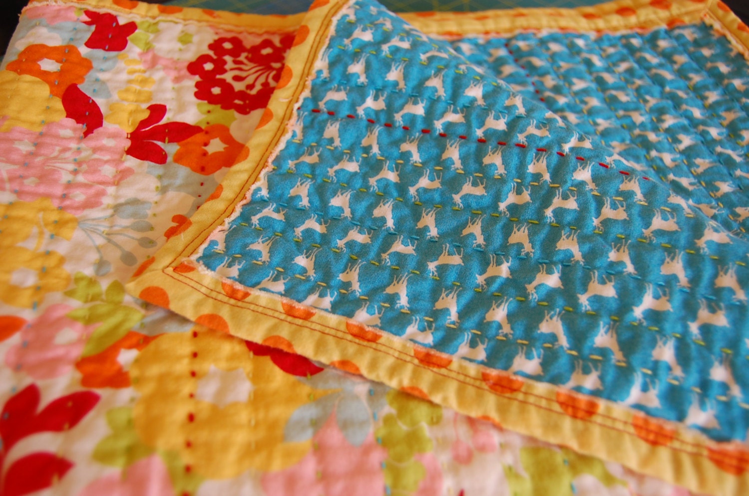modern kantha style colorful hand-quilted quilt