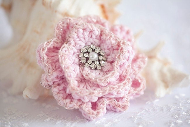 Pink Crochet Rose Brooch Flower Pin Jewellery