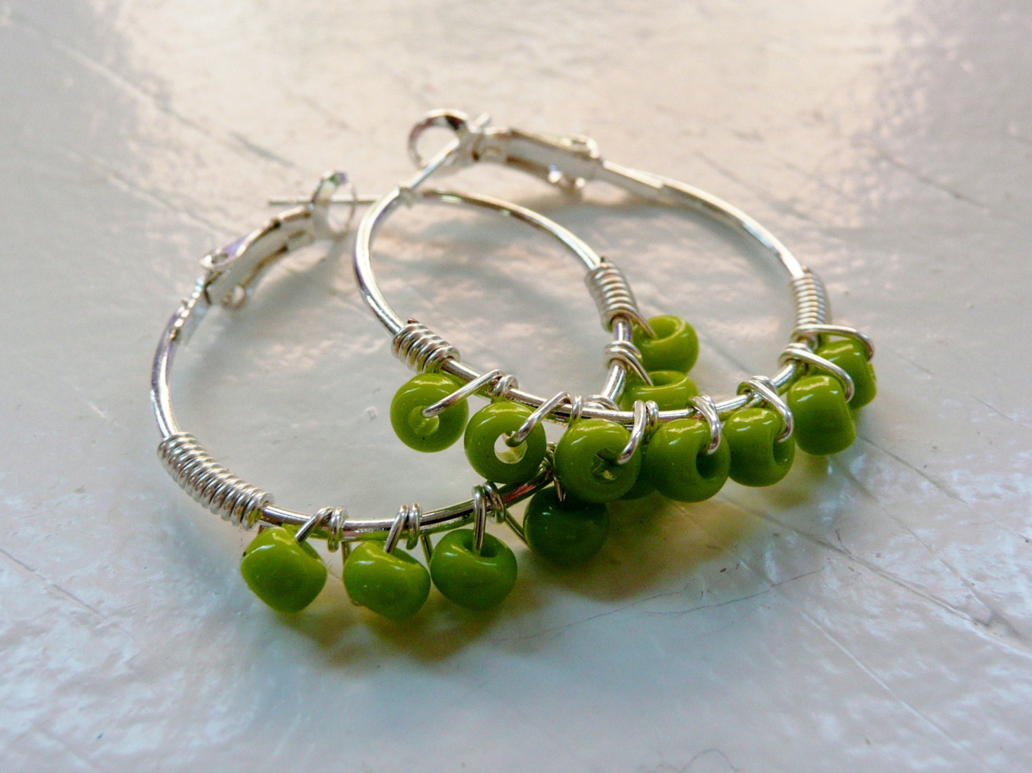 Silver Wire Wrapped Hoops with Shiny Lime Green Seed Beads