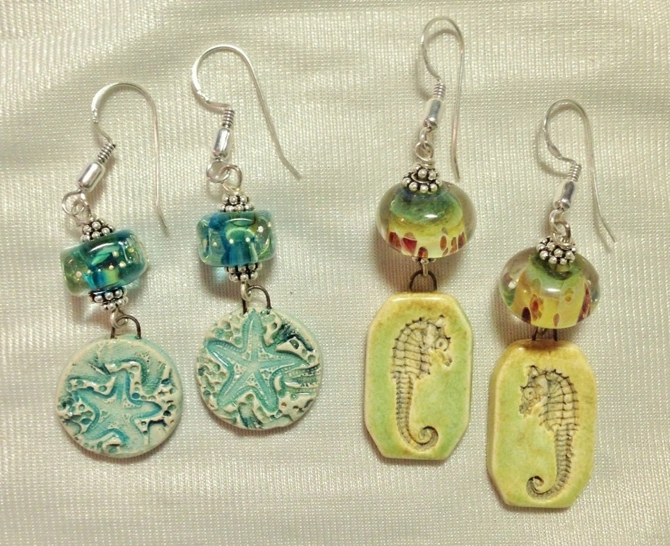 RESERVED  Handmade Sea Life Ceramic and Lampwork Artisan Earrings