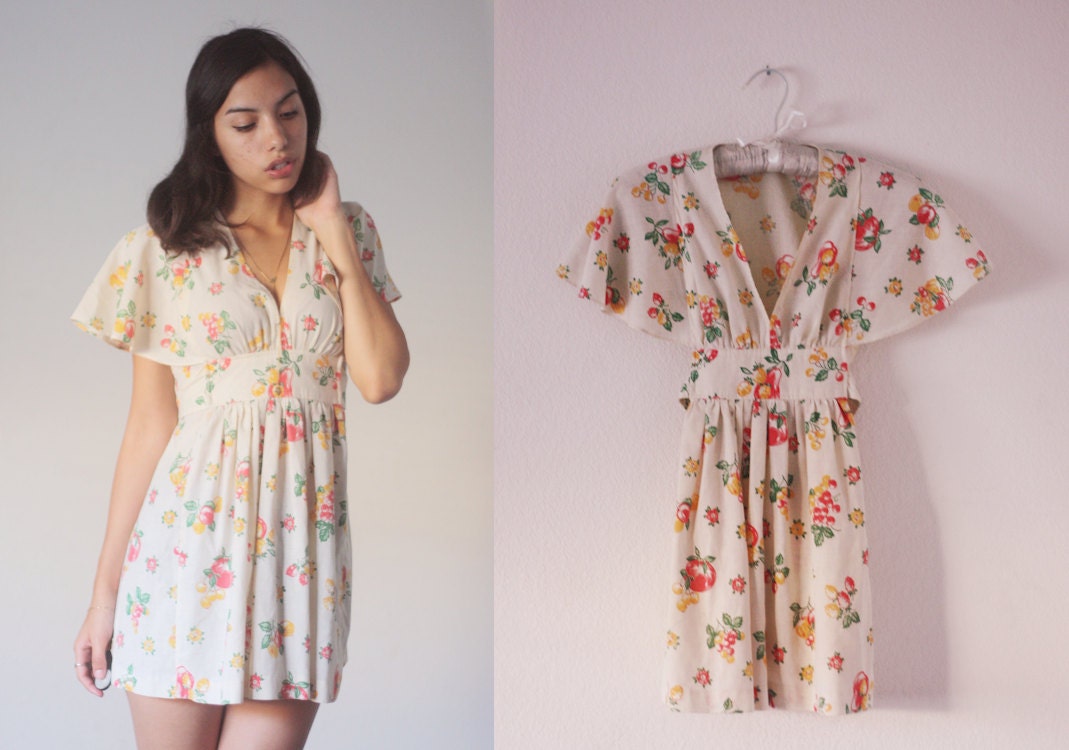 70's french festival floral fruity flutter sleeve v neck tunic mini dress